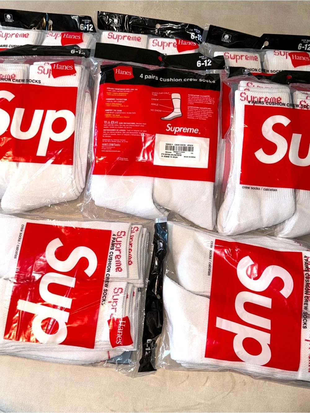 Hanes x Supreme White Crew Athletic Socks with Red Logo - 3 Pair
